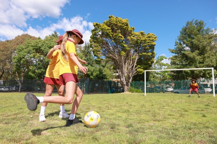 A student soccer game with the goalie ready to save a goal.
